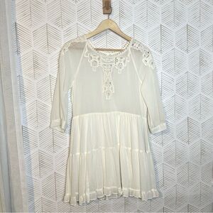 🔆 Free People 3/4 Sleeve Rubi Lace Mini Babydoll Dress Ivory - XSmall